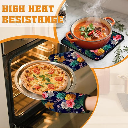 Palm Leaf Tropical Oven Mitts and Pot Holders,Pineapple Hibiscus Heat Resistant Oven Mitts Gloves and Pot Holder for Home Kitchen Decorations Cooking Baking BBQ Gifts,Set of 4