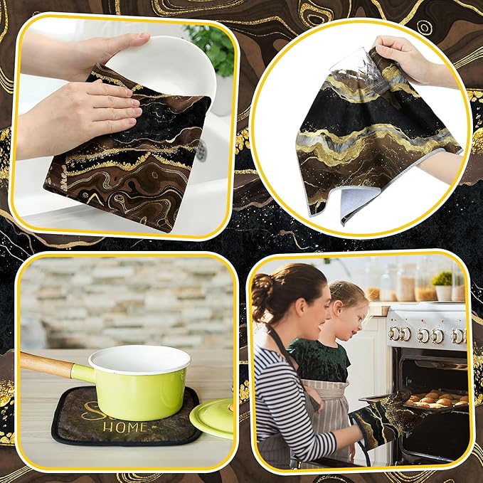Leinuosen 8 Pcs Kitchen Towels and Dishcloths Sets Oven Mitts and Pot Holders Sets Absorbent Kitchen Gloves Potholders Heat Resistant for Chef Baking Cooking(Coffee,Marble)