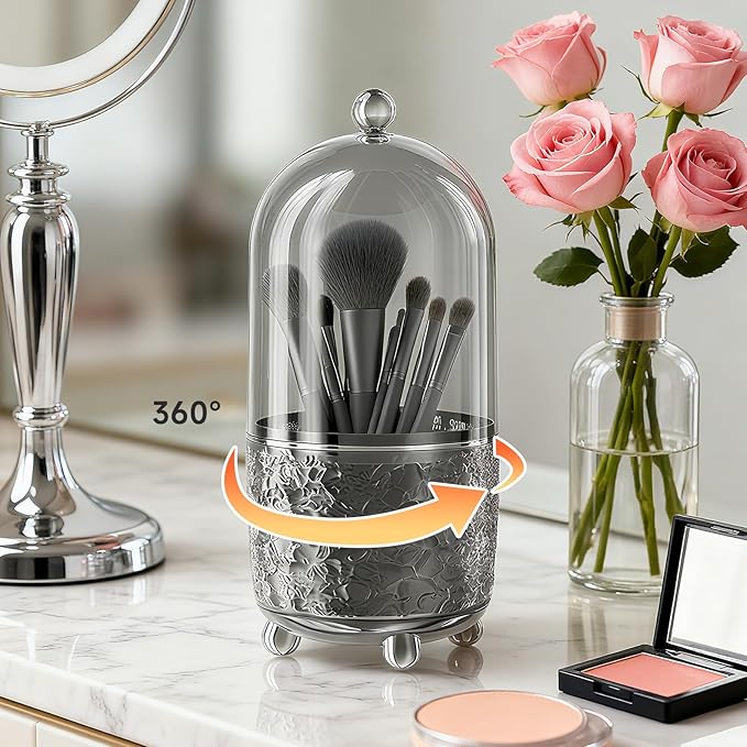 Makeup Brush Holder with Lid, Cosmetic Tools Organizer with Cover, 360° Rotating Sliding Opening Dustproof Brushes Container for Vanity, Ideal Gift for Girlfriend Wife Friends (Gray)