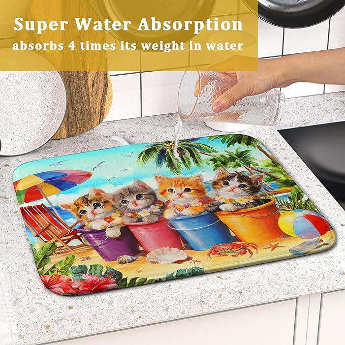 Lovely Cat Dish Drying Mat for Kitchen Counter Holiday Beach Absorbent Coffee Bar Mat 16 X 18 In - Image 7