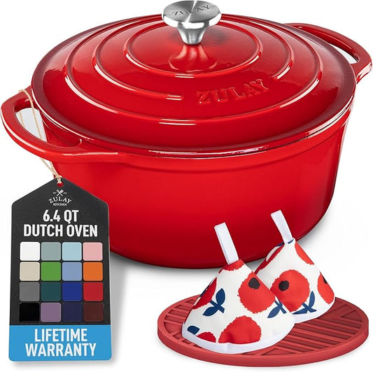 Zulay Kitchen 6.4QT Enameled Cast Iron Dutch Oven Pot with Lid, Heavy-Duty Soup Pot for Stews, Braising, Roasting & Sourdough Bread Baking, Oven Safe up to 500°F - Ablaze Red by ZulayKitchen
