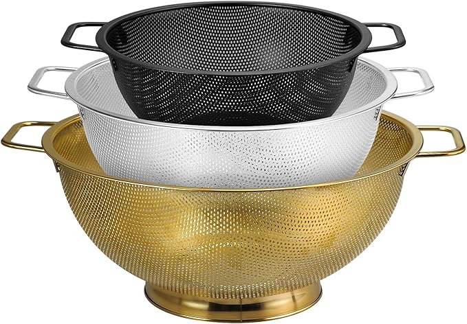 3PCS Three Colors Mix Colander Set, 3QT Black & 4QT Silver & 5QT Gold, Stainless Steel Pasta Strainer with Handle for Prepping Washing Draining Storing Food, Dishwasher Safe by Unknown
