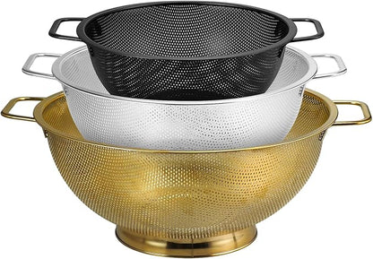 3PCS Three Colors Mix Colander Set, 3QT Black & 4QT Silver & 5QT Gold, Stainless Steel Pasta Strainer with Handle for Prepping Washing Draining Storing Food, Dishwasher Safe by Unknown