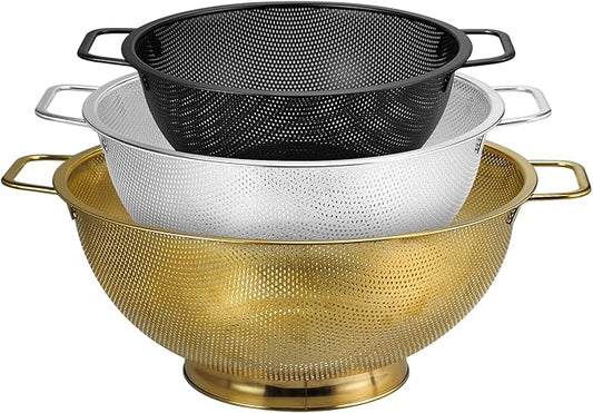 3PCS Three Colors Mix Colander Set, 3QT Black & 4QT Silver & 5QT Gold, Stainless Steel Pasta Strainer with Handle for Prepping Washing Draining Storing Food, Dishwasher Safe by Unknown