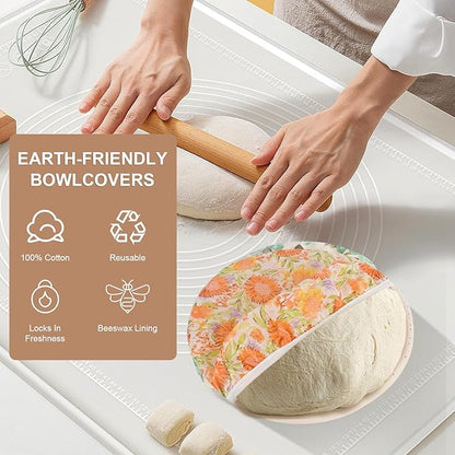 Reusable Bowl Covers for Bread Proofing - Beeswax Bowl Covers Reusable 3 Set, Cotton Blend Stretch Design, Fits 4-13 Inch Bowls, Shower Caps for Sourdough Bread, Dough Proofing & Food Storage（Flower）