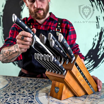 Dalstrong 12-Piece Elite Knife Block Set — German High-Carbon Steel, Full-Tang, Hand-Polished — Chef + Santoku + Nakiri + Boning + Fillet + 6 Steak — Gladiator Series Manchurian Ash Block, NSF - Image 9