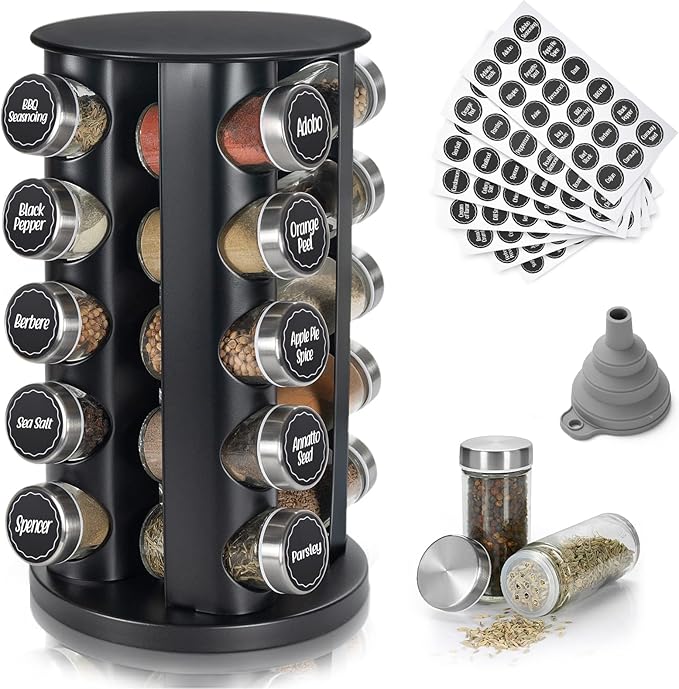 Tianifa Black Countertop Revolving Spice Rack, Empty 20-Jars Rotating Spice Rack Organizer, Round Carousel Tower, 135 Spice Labels with Funnel Complete Set, for Kitchen Countertop, Cabinet by Tianifa