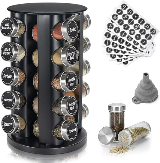 Tianifa Black Countertop Revolving Spice Rack, Empty 20-Jars Rotating Spice Rack Organizer, Round Carousel Tower, 135 Spice Labels with Funnel Complete Set, for Kitchen Countertop, Cabinet by Tianifa