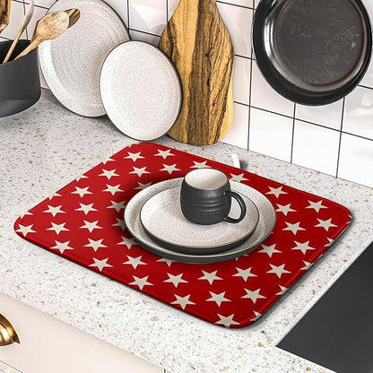 Patriotic July of 4th Red Star Dish Drying Mat for Kitchen Counter 16x18 Memorial Independence Day Absorbent Reversible Microfiber Drying Mats Kitchen Countertop Protector Dishes Drainer Rack Pad - Image 5