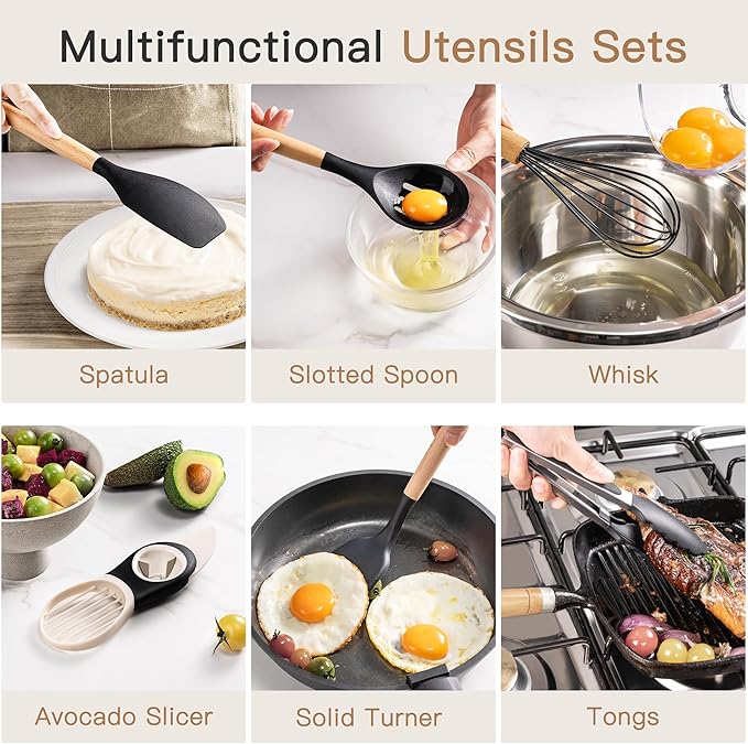 Astercook 39 PCS Kitchen Utensils Set, Silicone Cooking Utensil Sets with Wooden Handle, 446°F Heat Resistant Food Grade Spatula Set, BPA Free Kitchen Gadgets Tools Set for Mothers Day Gifts - Image 6