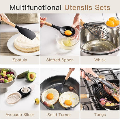 Astercook 39 PCS Kitchen Utensils Set, Silicone Cooking Utensil Sets with Wooden Handle, 446°F Heat Resistant Food Grade Spatula Set, BPA Free Kitchen Gadgets Tools Set for Mothers Day Gifts - Image 6