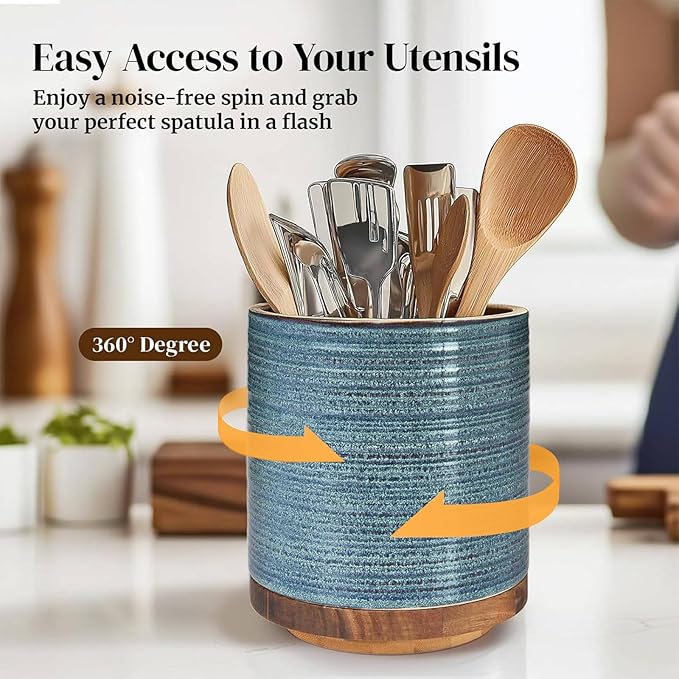 DOWAN 360° Rotating Extra Large Cooking Utensil Holder, 7.6" Kitchen Utensil Holder for Countertop, Utensil Crock for Farmhouse Kitchen Decor, Ceramic Stable Utensil Caddy, Blue - Image 3