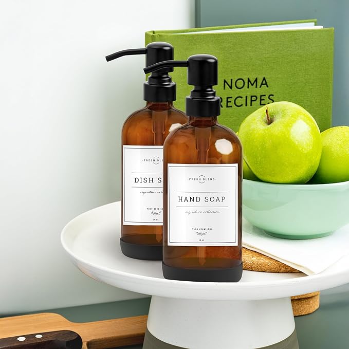Vine Creations Amber Glass Soap Dispenser, 2 Pack Kitchen Soap Dispenser Set with Stainless Steel Pump, 16 oz Dish Soap and Hand Soap Dispensers for Bathroom with Waterproof Labels - Image 8