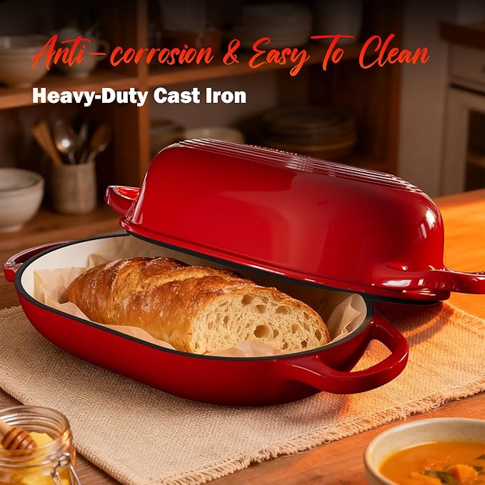 Enameled Cast Iron Sourdough Bread Oven, Dutch Oven, incl. Sourdough Bread-Baking Supplies like Banneton Bread-Proofing Basket - 5QT Loaf Cast Iron Bread Pan for Homemade Bread Baking, Red Meatloaf Pan with Lid - Image 8