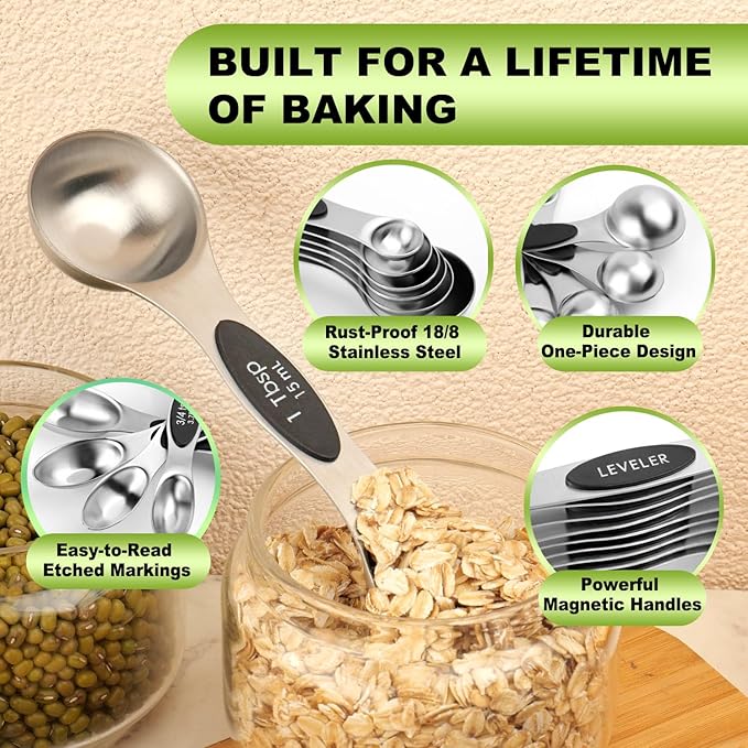 Magnetic Measuring Spoons Set Stainless Steel with Leveler, Dual-Sided Metal Measuring Spoons for Baking & Cooking, Fits in Spice Jars, Must-have Kitchen Gadgets, 8 Measuring Spoons & 1 Leveler, Black - Image 3