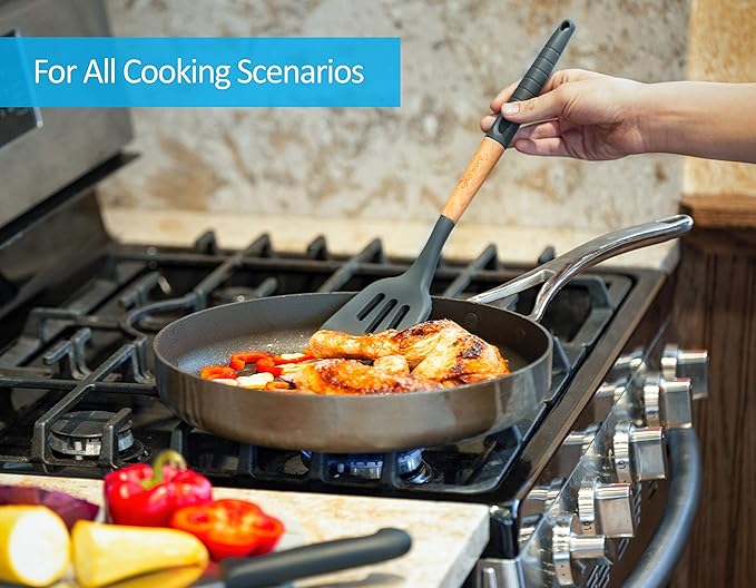 Silicone Cooking Utensils Set 6 Piece – Heat Resistant up to 480°F, BPA Free & Non-Scratch Kitchen Tools with Natural Wood Handles, Dark Gray - Image 6