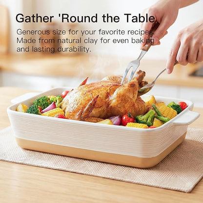 Dafuceramic Casserole Dish for Oven, 4.2 QT Baking Dish, 9x13 Large Porcelain Baking Pan, Durable Rectangular Lasagna Pan Deep with Handles, Microwave Oven Safe, Home Decor, Wedding Gift (Khaki & White) - Image 3