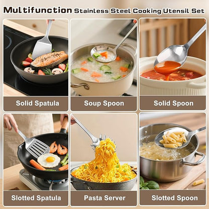 6 Pcs Cooking Utensils Set, Stainless Steel Kitchen Utensils, Heat Resistant Metal Kitchen Tools Include Solid & Slotted Turner Wok Spatula, Serving Spoon, Ladle, Pasta Server, Easy to Clean, Silver - Image 2