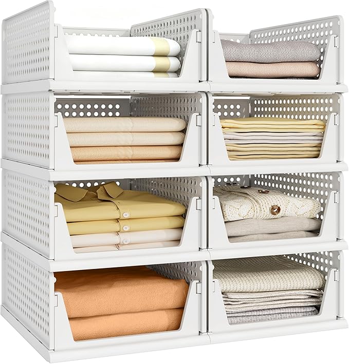 Pinkpum 8 Pack Closet Organizers and Storage Plastic Stackable Storage Bins, Foldable Drawer Shelf Storage Container for Wardrobe Kitchen Bathroom Dorm White by Pinkpum