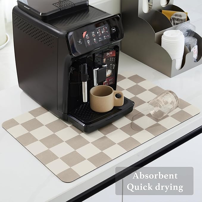 Ohocut Checkered Dish Drying Mat for Kitchen Counter, Coffee Bar Station Accessories, Retro Cute Aesthetic Modern Absorbent Drainer Mat Kitchen Drying Mat Easy Clean, Khaki 16" x 24" - Image 4