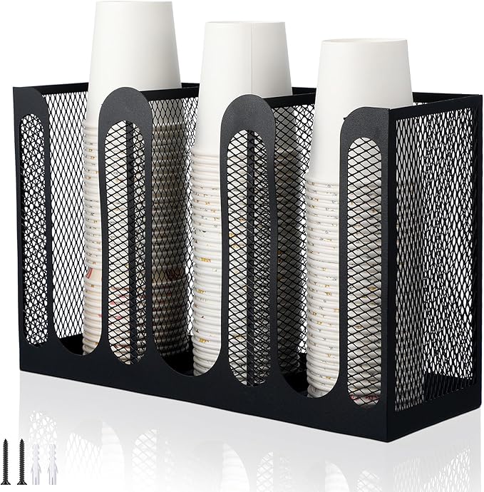 Maxcheck Metal Mesh Cup and Lid Holder Coffee Paper Cup Dispenser Lid Holder Storage Organizer Countertop or Wall Mount for Coffee Bar, Kitchen, Breakroom(3 Compartments,12.3 x 4.1 x 7.87 Inch)