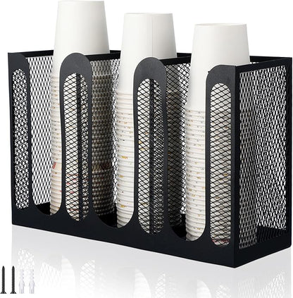 Maxcheck Metal Mesh Cup and Lid Holder Coffee Paper Cup Dispenser Lid Holder Storage Organizer Countertop or Wall Mount for Coffee Bar, Kitchen, Breakroom(3 Compartments,12.3 x 4.1 x 7.87 Inch)