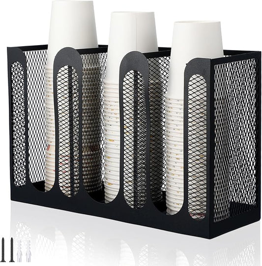 Maxcheck Metal Mesh Cup and Lid Holder Coffee Paper Cup Dispenser Lid Holder Storage Organizer Countertop or Wall Mount for Coffee Bar, Kitchen, Breakroom(3 Compartments,12.3 x 4.1 x 7.87 Inch)