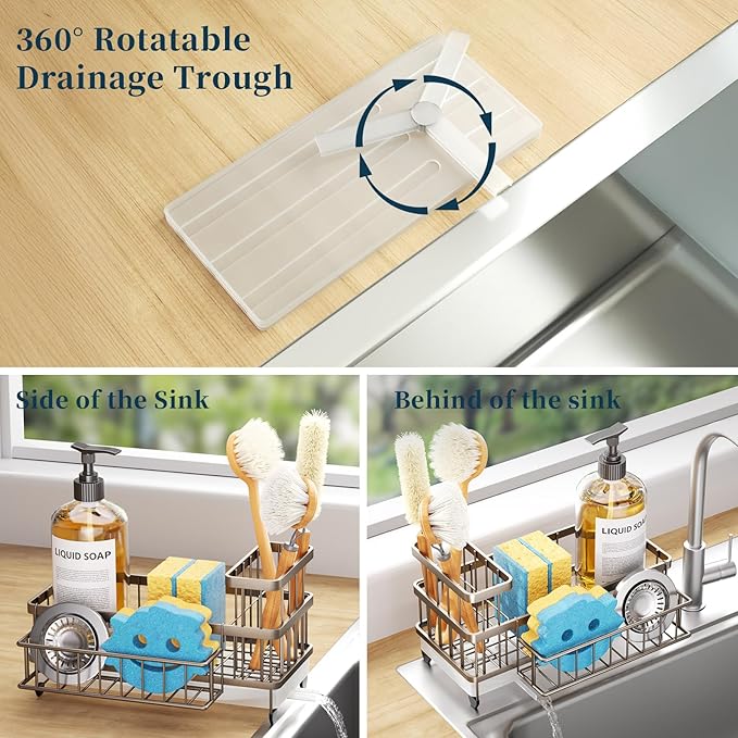 Consumest Sponge Holder for Kitchen Sink - Auto Draining Sink Caddy Organizer with Detachable Rack, High Brush Holder, Kitchen Countertop Storage Accessories, Sand Nickel - Image 2