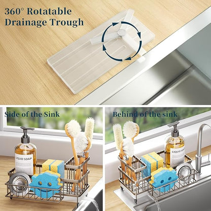 Consumest Sponge Holder for Kitchen Sink - Auto Draining Sink Caddy Organizer with Detachable Rack, High Brush Holder, Kitchen Countertop Storage Accessories, Sand Nickel - Image 2