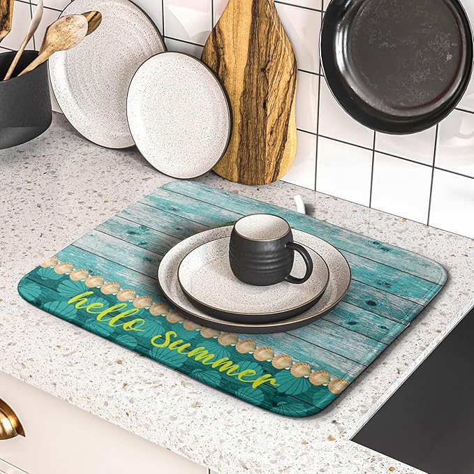Hello Summer Dish Drying Mat for Kitchen Counter,Sea Shell Starfish Coastal Wreath Drying Mat 16 x 18 Inch with Absorbent Reversible Microfiber Drying Pad for Coffee Bar - Image 5