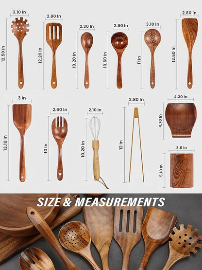 12-Piece Teak Wooden Kitchen Utensil Set – Nonstick Safe Cooking Spoons & Spatulas, Heat Resistant, Durable Natural Wood, Comfortable Grip Handles