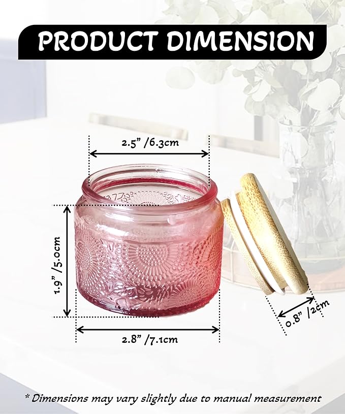 4 oz Pink Mini Glass Jars with Airtight Bamboo Lids 12 pack, Decorative Small Food Storage Canister, Vintage Embossed Home Décor Candle Parties Wedding Baby Shower Favors Gift