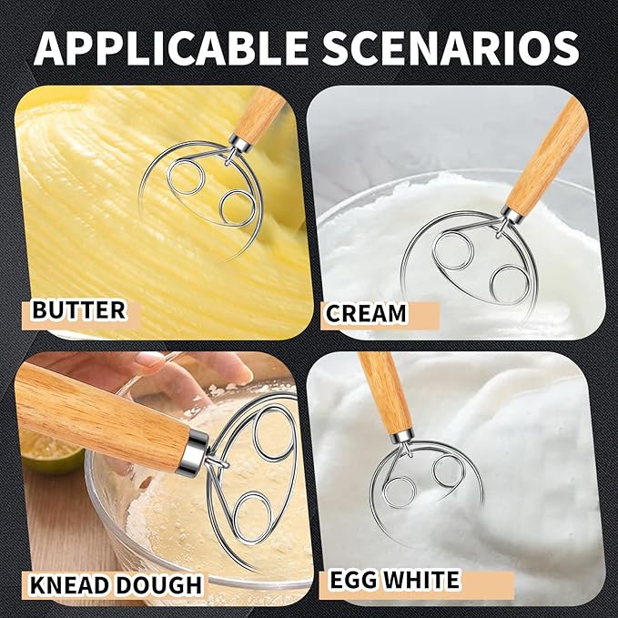 Danish Dough Whisk Stainless Steel Wooden Handle for Sourdough Bread Pastry and Pizza Baking - Image 4