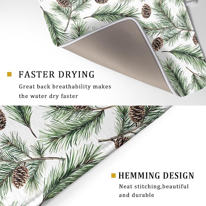 Winter Dish Drying Mat for Kitchen Counter Pine Needle Cone Festival Xmas Microfiber Absorbent Dish Draining Reusable Washable Foldable Extra Large 18"x24" - Image 3