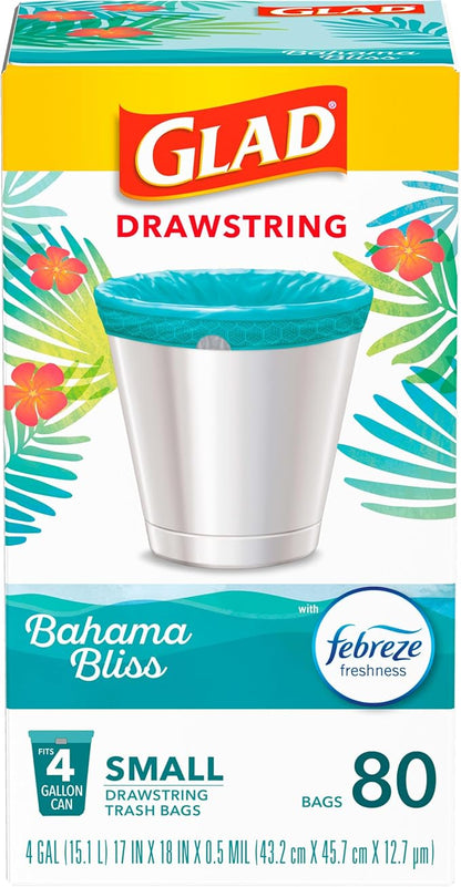 Glad Small Trash Bags 4 Gallon, Febreze Bahama Bliss Garbage Bags, Odor Resistant with Drawstring, 80 Count (Pack of 2)