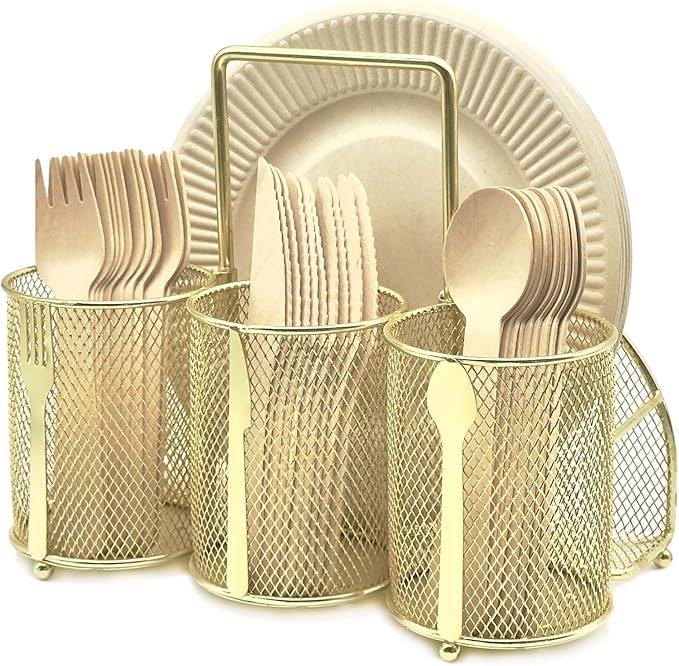 DysanVica Utensil Caddy Silverware Holder - 4 Compartment Metal Mesh Cutlery Fork Spoon Napkin Plate Organizer Flatware Storage Basket Party Kitchen Countertop Buffet Picnic Camping Outdoor BBQ Gold by DysanVica
