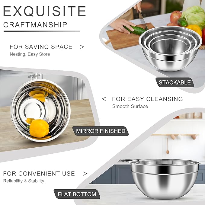 HaWare Mixing Bowls with Airtight Clear Lids, 6-Piece Stainless Steel Strong Nesting Bowls Set, Metal Salad Bowl for Cooking, Prepping, Baking, Serving & Food Storage, Size 4.6, 3, 1.5QT, Colorful - Image 5