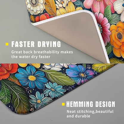 Giwawa Boho Flower Dish Drying Mat, Colorful Floral Leaf Dish Drainer Mats, Rustic Wildflower Plant Botanical Reversible Dish Drying Rack Pad Protector for Kitchen Countertop Decor, 16"x18"