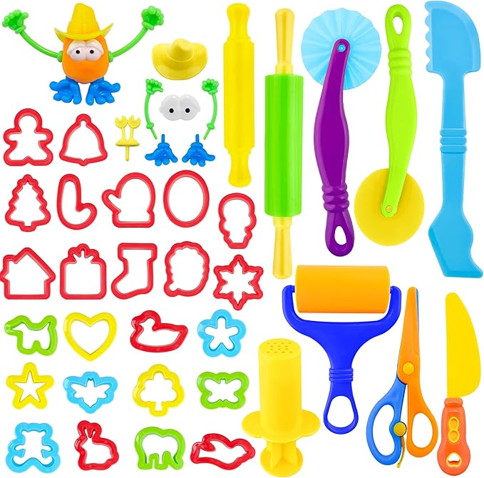 Dough Tools for Kids，40pcs Basic Dough Play Toys Includes Cutters, Roller, Rolling Pins, Safety Scissors