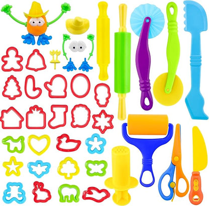 Dough Tools for Kids，40pcs Basic Dough Play Toys Includes Cutters, Roller, Rolling Pins, Safety Scissors