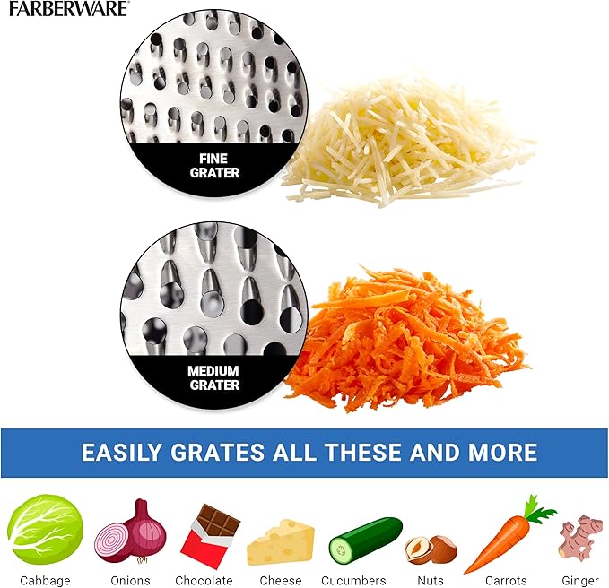 Farberware Professional Stainless Steel Grater with Container, Coarse and Fine Blades, Nonslip Base, Easy-Grip Handle, Dishwasher Safe - Image 6