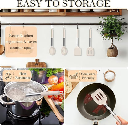 TeamFar Kitchen Utensils, 4 PCS Silicone Cooking Utensils Spatula Spoon Set with Stainless Steel Handle, for Frying Mixing Draining Turning, Healthy & Heat-proof, Non-stick & Dishwasher Safe - Khaki - Image 4