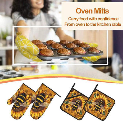 Sunflower Bee Oven Mitts and Heat Resistant Pads - Heat Resistant Gloves Potholder Set of 4 for Cooking, BBQ, Gifts for Women