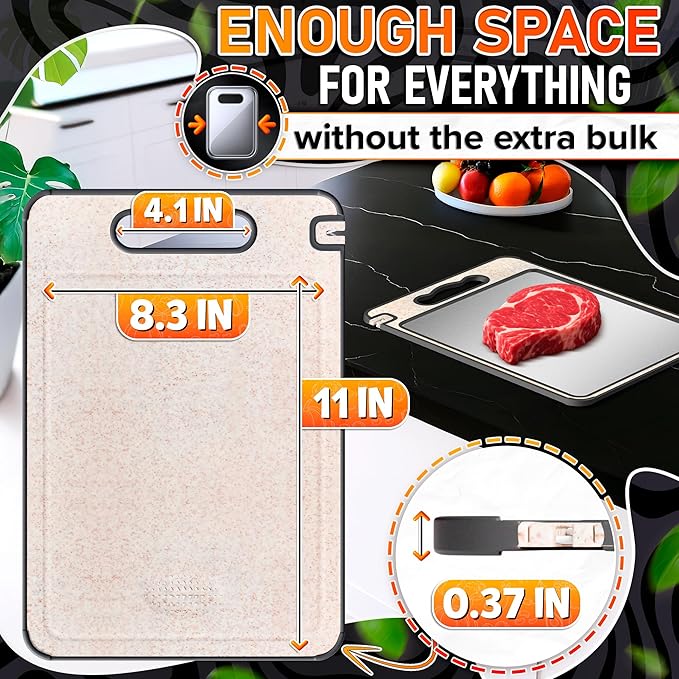 Double Sided Metal Cutting Board Titanium 14.3"x9.8" - GR1 Titanium Cutting Board with Sharpener for Knife for Meat & Wheat Straw + PP for Fruits - Non-slip, Built-in Garlic Grater & Juice Grooves