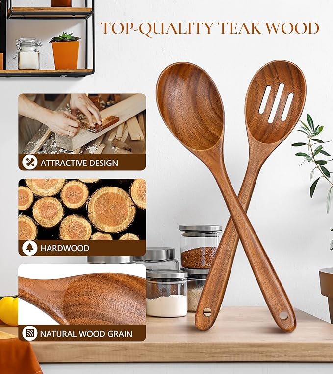 2Pcs Wooden Spoons for Cooking, Natural Premium Teak Wooden Spoon & Slotted Spoon, Good Grip Large Cooking Spoons Spatula, Heat Resistant Wooden Kitchen Cooking Utensils Set for Nonstick Cookware - Image 2