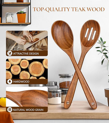 2Pcs Wooden Spoons for Cooking, Natural Premium Teak Wooden Spoon & Slotted Spoon, Good Grip Large Cooking Spoons Spatula, Heat Resistant Wooden Kitchen Cooking Utensils Set for Nonstick Cookware - Image 2