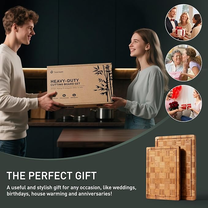 2 Pack Heavy Duty Bamboo Cutting Board Set Non Slip Over Sink Solid End Grain Thick Wood Chopping Board Extra Large Big Small Best Organic Hardwood Wooden Kitchen Essential New Home Housewarming Gift - Image 9