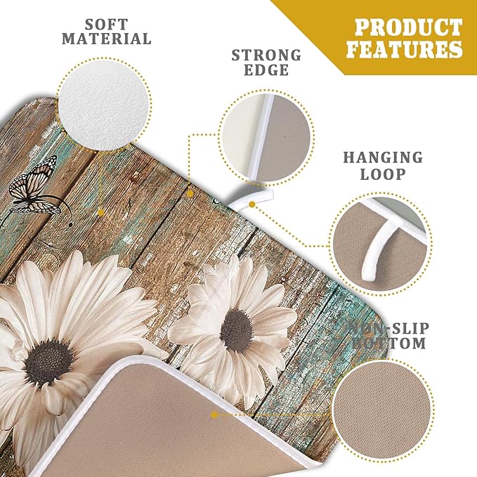 Giwawa Rustic Daisy Board Dish Drying Mat for Kitchen Countertop 16x18 inch Fall Sunflower on Wooden Plank Dish Drainer Mats Fast Drying Country Shabby Chic Vintage Kitchen Drying Decor