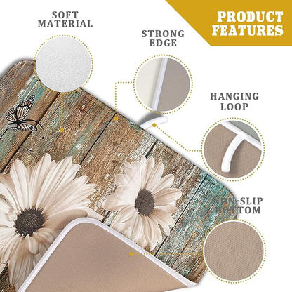 Giwawa Rustic Daisy Board Dish Drying Mat for Kitchen Countertop 16x18 inch Fall Sunflower on Wooden Plank Dish Drainer Mats Fast Drying Country Shabby Chic Vintage Kitchen Drying Decor
