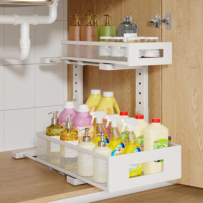 1 Pack-11.4"-16.14"H Under Sink Storage Organizer, Large 2-Tier Elegant Mesh Pull Out Shelf for Kitchen and Bathroom Cabinet Organization, L-Shaped and Adjustable Height Design for Maximum Space-White by UnderSinkOrganizer